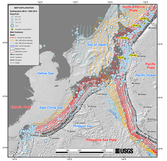 Map of magnitude 6.0+ earthquakes near Japan from 1990 to 2014. Image: USGS